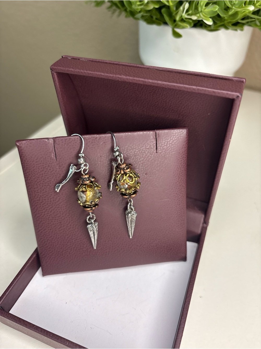 Boho Mixed Metal Spike Dangle Earrings Ornate Bead Statement Leverback Bohemian